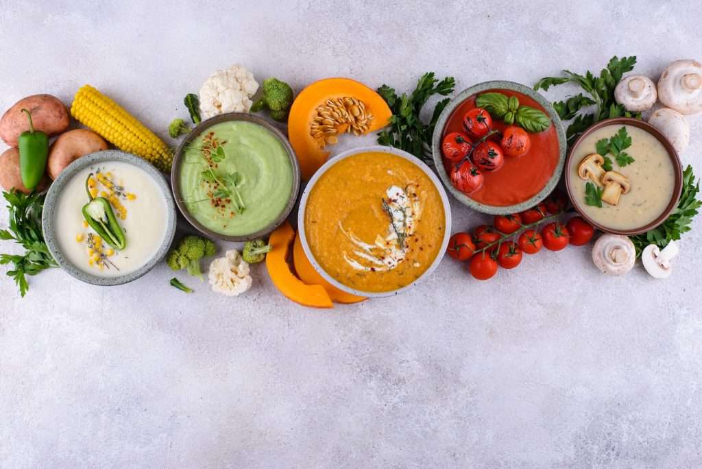 Assortment of vegetable autumn cream soups.