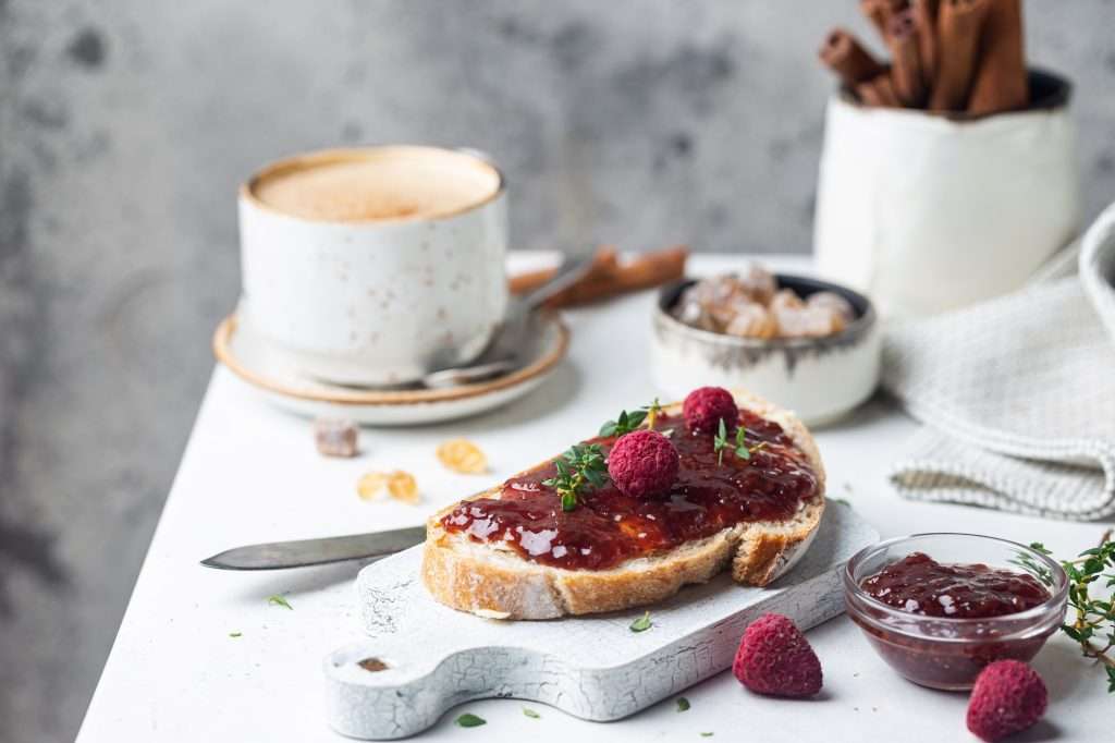 Bread with sweet raspberry jam
