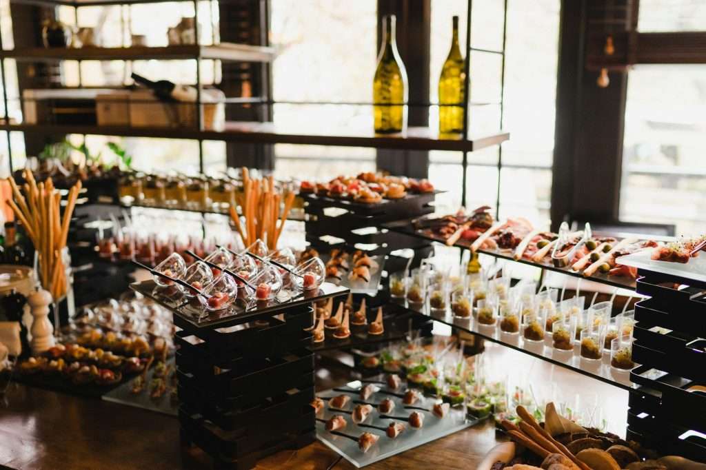 Catering banquet table at the reception.