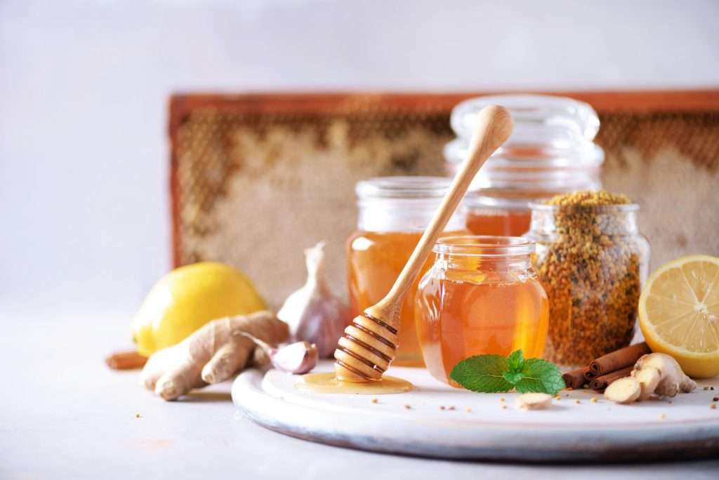 Ingredients for healthy hot drink. Lemon, ginger, mint, honey, apple and spices on grey background